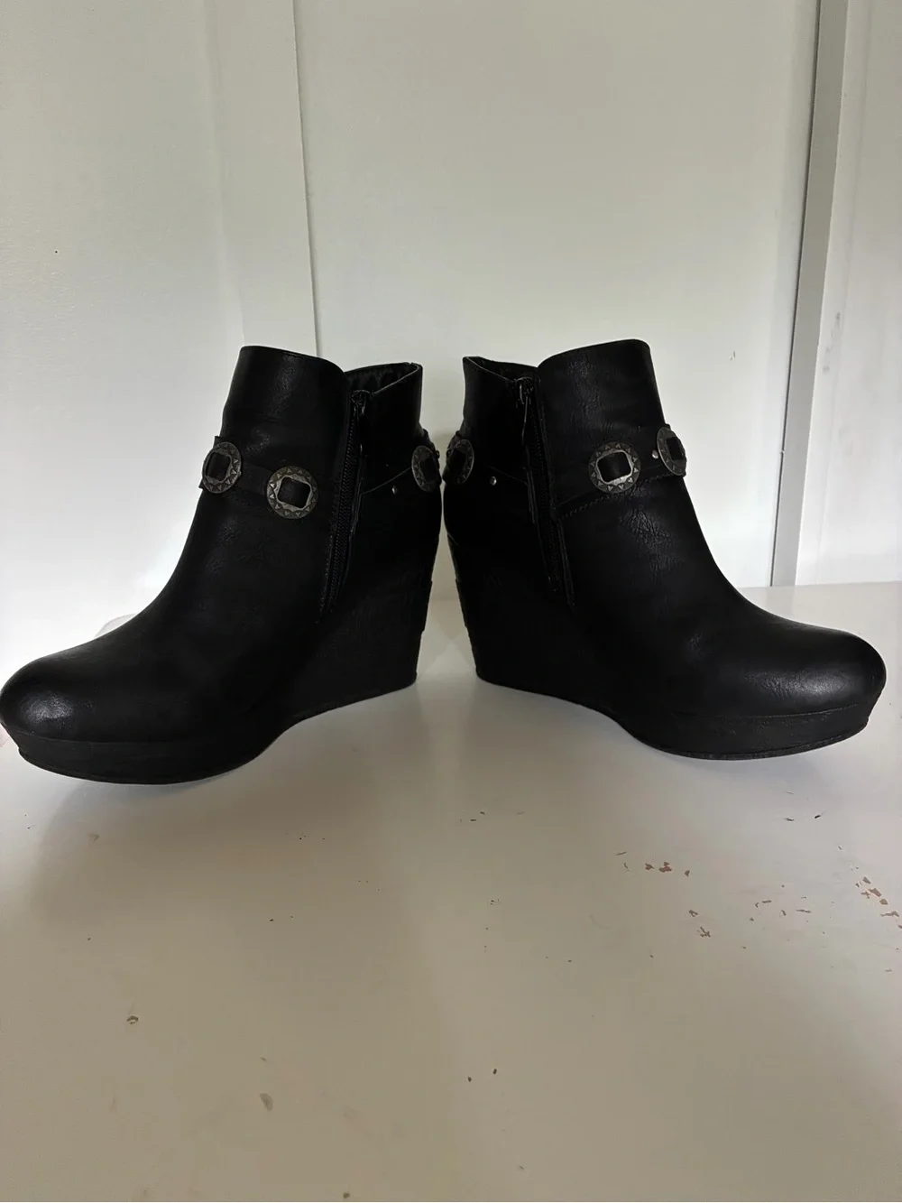 Sbicca Black Wedge Ankle Booties with Studded Harness Detail